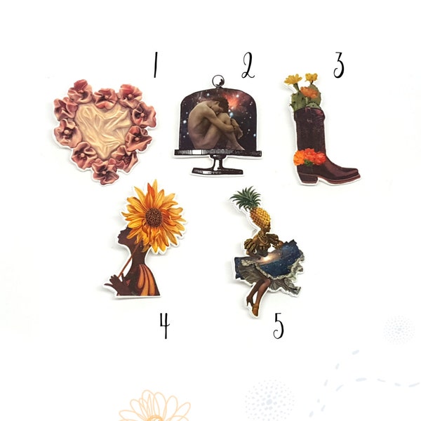 Valentijnsdag Acryl Broche vintage geïnspireerd, Cowboy meisje, Hart broche, Geïllustreerde broche, Tropische bloem broche, Victoriaanse broche