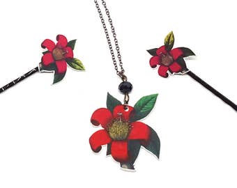 Jewelry set Red floral necklace and hair pins, Black and red hair clips, Red flower necklace, Elegant vintage jewelry set, Acrylic hair pins