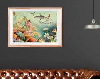Limited Edition Print Coralline, FREE SHIPPING Signed Print, Home Decor, Fantasy Collage, Whimsical Office Decor, Underwater Ocean Poster