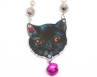 Totem Animal Black Cat necklace, Animal necklace, Cat necklace, Halloween necklace, Vintage inspired pendant Weird Cat pendant, Jingle Bell