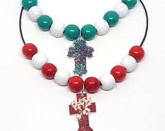 Cross christian necklace, Catholic necklace, Red and White balls necklace, Vintage Inspired Religious pendant, Cross pendant
