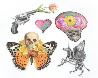 Sticker Pack of 5, Gothic sticker set, Vintage laptop Stickers, Surreal phone sticker, journal planner sticker, Skull sticker, FREE shipping