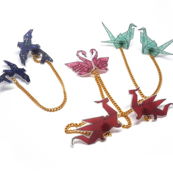 Japanese Animal Origami Collar clips, Anime Collar brooch,  Dragon collar pin, Crane collar clip, Betta fish collar clips, Swan brooch