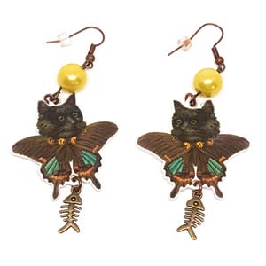 Creepy Cat Butterfly Earrings, Black Cat Earrings, Cat Long Earrings, Fish Scrape Earrings, Weird  Cat Earrings, Halloween Cat Earrings