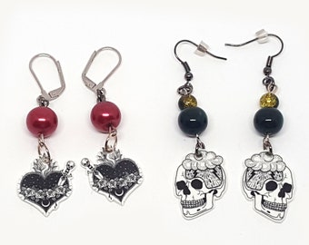 Gothic Dangle earrings, Flame Heart acrylic earrings, Gothic, Dangle earrings, Sugar skull earrings, Fire Heart shrink plastic jewellery