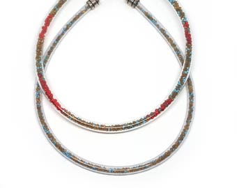 Clear Tube Necklace, Gold, Red and Blue beads necklace, Plastic Tube Choker, Clear tubing, Sparkle necklace, Hula Hopp necklace, Bead Choker