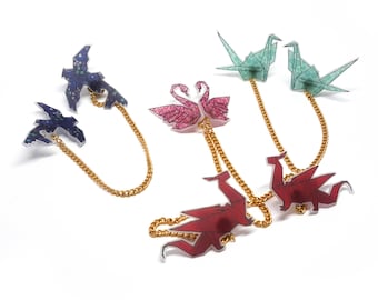 Japanese Animal Origami Collar clips, Anime Collar brooch,  Dragon collar pin, Crane collar clip, Betta fish collar clips, Swan brooch