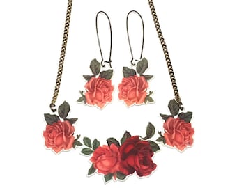 Jewelry set floral necklace and earrings, Pink and red roses, Roses flower necklace, Elegant vintage jewelry set, Acrylic earrings