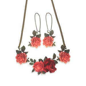 Jewelry set floral necklace and earrings, Pink and red roses, Roses flower necklace, Elegant vintage jewelry set, Acrylic earrings