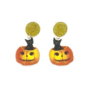 Gato preto de Halloween dentro de abóbora, brincos de gatos pretos estilo vintage, brincos de gatinho preto gótico, Samhain de abóbora assustadora, brincos de gato