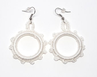 White round crochet earrings. Andalucia flamenco style. Fiber jewellery. Unique chic gift. Acrylic hoop. Gypsy earrings. Textil jewelry.