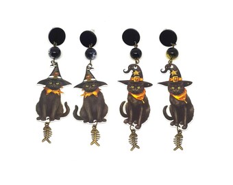 Vintage Style Witchy Black Cats Earrings, Gothic Black Kitten Earrings, Cute Costume Witch Hat Cat, Halloween Black Cat Dangle Earrings