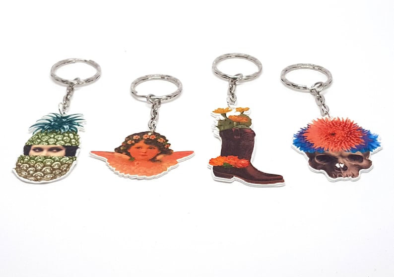 Vintage inspired acrylic Keychains, Pineapple Keychain, Angel Keychain, Skull Keychain, Cowboy boots Keychain, Pop surrealism, Shrinky dinks 