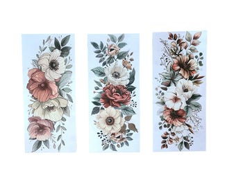 Boho Floral Temporary Tattoos (18cm/20cm long x 8/9 cm), Long Whimsical Flowers Tattoo, Earth Tones Bohemian Floral Fake Tattoo, Arm Leg Tat