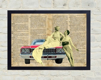 Vintage Dictionary Art Print. The old car. Original Artwork. Old paper print. Vintage Illustration poster. Home wall Decor.