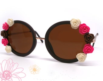 Fashion floral sunglasses. Vintage eyewear. Fashionable summer. Embellished sunglasses. Brown oversized