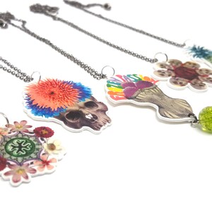 Vintage inspired acrylic necklaces, Pineapple necklace, Floral necklace, Skull necklace, Colorful necklaces, Pop surrealism, Shrinky dinks