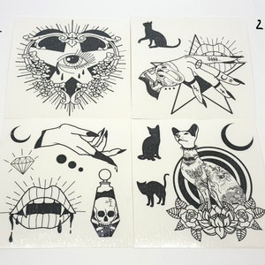 GOTHIC PackTemporary Tattoos (9,5 x 9,5 cm) for adults and kids, Halloween sticker tattoo, Cats tattoo, Skull temporary tattoo sheet.