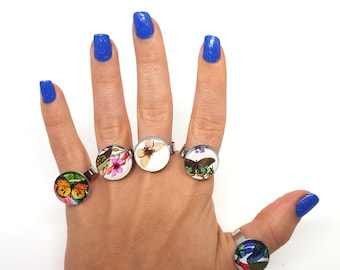 May include: Five silver rings with colorful butterfly and floral designs on the glass tops. The rings are worn on a hand with blue nail polish.