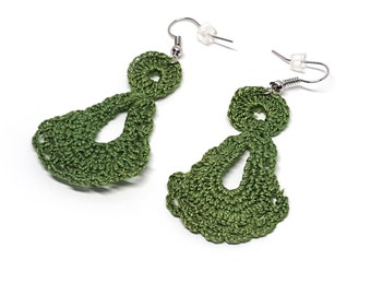 Olive green crochet earrings. Andalucia flamenco style. Fiber jewellery. Unique chic gift. Plastic hoop. Gypsy earrings. Handmade jewelry.