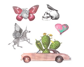 Sticker Pack of 5, Gothic sticker set, Vintage laptop Stickers, Surreal phone sticker, journal planner sticker, Skull sticker, FREE shipping