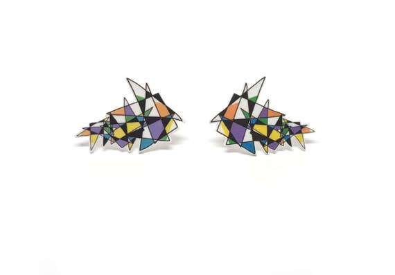 Colorful geometric stud earrings, Abstract acrylic earrings, Illustrated jewelry, Pop art earrings, Wereable art, Modern earring
