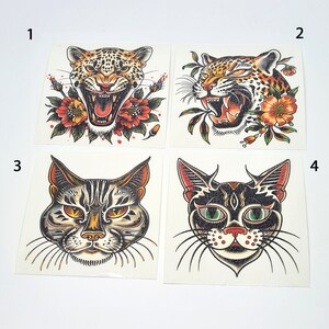 Feline Animal Old School Vintage style Temporary Tattoos (9/10 x 9/10 cm approx), Leopard Fake Tattoo, Traditional Cat Temporary Tattoo