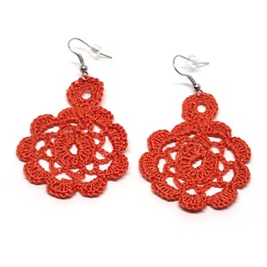Orange crochet earrings. Andalucia flamenco style. Fiber jewellery. Unique chic gift. Plastic hoop. Gypsy earrings. Handmade textil jewelry. image 1