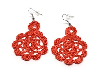 Orange crochet earrings. Andalucia flamenco style. Fiber jewellery. Unique chic gift. Plastic hoop. Gypsy earrings. Handmade textil jewelry.