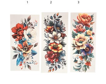 Colorful Long Boho Floral Temporary Tattoos (19cm/20cm long x 8/9 cm), Whimsical Flowers Tattoo, Bohemian Floral Fake Tattoo