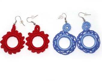 Blue or red crochet earrings. Andalucia flamenco style. Fiber jewellery. Unique chic gift. Plastic hoop. Gypsy earrings. Handmade jewelry.