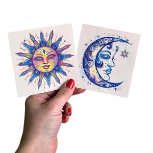 Pretty Face Sun and Moon Temporary Tattoos (9/10 x 9/10 cm approx), Cute Sun Tattoo, Colorful Moon Face Temporary Tattoo, Astrology Set Tat