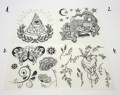 Floral and Crocodile PackTemporary Tattoos (9,5 x 9,5 cm) for adults and kids, Halloween sticker tattoo, Skull temporary tattoo sheet.