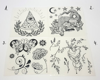 Blom- och krokodilpaket. Tillfälliga tatueringar (9,5 x 9,5 cm) för vuxna och barn, Halloween-klistermärkestatuering, ark med tillfälliga tatueringar av dödskalle.