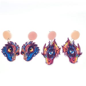 Cute Fantasy Chic Dragon Earrings, Kawaii Dragon Face Earrings, Anime Hydra Creature Earrings, Creepy Cute Colorful Dragon Head Earrings