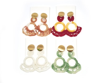 Pendientes crochet grandes flamenco, pendientes estilo andaluz, pendientes florales ganchillo, pendientes de feria, estilo gitano español