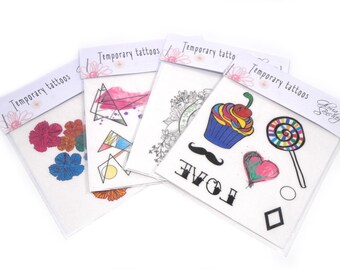Set Temporary Tattoos (9,5 x 9,5 cm) for adults and kids. Colorful floral, geometric and candies tattoo.Fake tattoo. Body art tattoo.