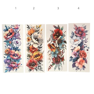 May include: Four temporary tattoo designs featuring colourful floral arrangements. Each design is a vertical arrangement of flowers with a variety of colours, including red, pink, blue, yellow, and white.