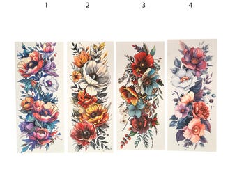 Colorful Long Boho Floral Temporary Tattoos (19cm/20cm long x 8/9 cm), Whimsical Flowers Tattoo, Bohemian Floral Fake Tattoo