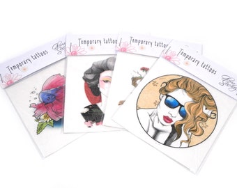 Set Temporary Tattoos (9,5 x 9,5 cm) for adults and kids. Colorful animals and girls tattoo. Fake tattoo. Body art tattoo.