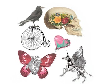Sticker Pack of 5, Gothic sticker set, Vintage laptop Stickers, Surreal phone sticker, journal planner sticker, Skull sticker, FREE shipping