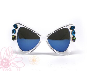 Fashion bow sunglasses. Sexy eyewear. Vintage and shiny summer. Gemstones and rhinestones. Embellished.