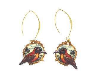 Whimsical Vintage Style Tropical Birds Earrings, Big Eyes Bird Earrings, Vintage Exotic Tropical Earrings, Totem Animal Bird Dangle Earrings