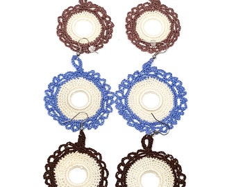 Christmas sale, Blue and white round crochet earrings. Andalucia flamenco style. Fiber jewellery. Unique gift. Acrylic hoop. Gypsy earrings.