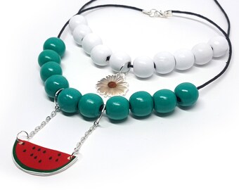 Wood Beads Necklace,Wooden balls necklace, Daisy Flower Pendant, Watermelon Pendant, Vegan necklace, Fruit Pendant, Floral necklace