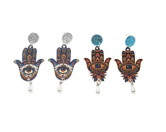 Whimsical Hamsa Amulet Earrings, Hand of Fatima Symbol Jewelry Earrings, Hand and Eye Protection Earrings, Evil Eye Dangle Earrings