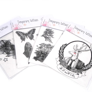Conjunto de Tatuagens Temporárias (9,5 x 9,5 cm) para adultos e crianças. Tatuagens temporárias vintage em preto e branco. Tatuagem falsa. Tatuagem de arte corporal.