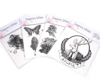 Set Temporary Tattoos (9,5 x 9,5 cm) for adults and kids. Black and white vintage temporary tattoos. Fake tattoo. Body art tattoo.