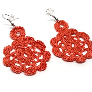 Orange crochet earrings. Andalucia flamenco style. Fiber jewellery. Unique chic gift. Plastic hoop. Gypsy earrings. Handmade textil jewelry. image 2