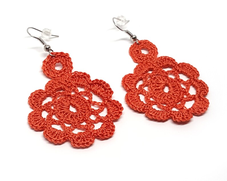 Orange crochet earrings. Andalucia flamenco style. Fiber jewellery. Unique chic gift. Plastic hoop. Gypsy earrings. Handmade textil jewelry. image 2